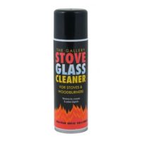 Black Aerosol can of stove glass cleaner on a plain white background